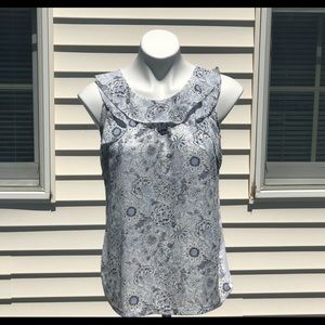 Loft Blue Floral Print Sleeveless Ruffle Top Size Medium